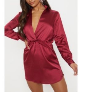 Katalea Burgundy Twist Front Silky Shirt Dress